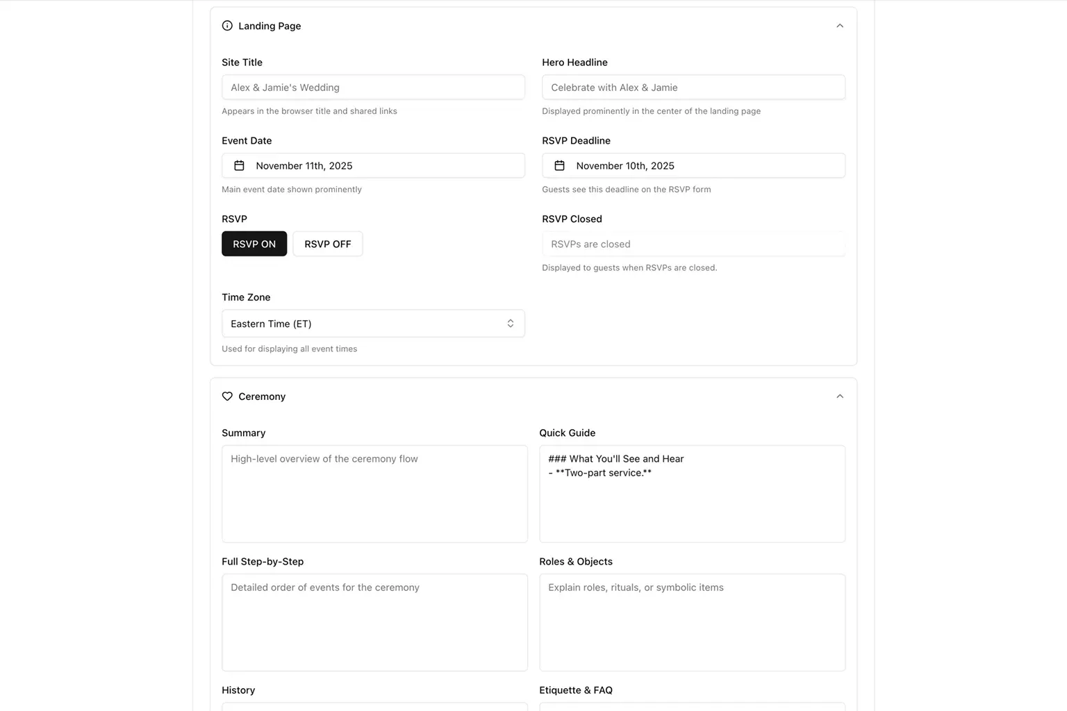 Admin Events Landing Page and Ceremony